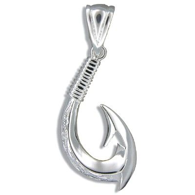 Sterling Silver Hawaiian Fish Hook with Two Side Engraved Maile Leaf Design  Pendant (L)