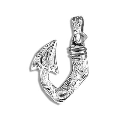 Fine Engraved Sterling Silver Men's Two Sided Hawaiian Tribal Fish Hook Pendant by
