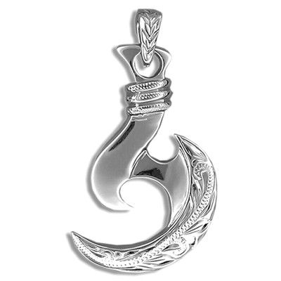 Fine Engraved Sterling Silver Men's Two Sided Hawaiian Serrated Fish Hook Pendant by