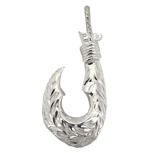 Sterling Silver Hawaiian Men Fish Hook with Two Side Engraved Maile Leaf Design Pendant (L)