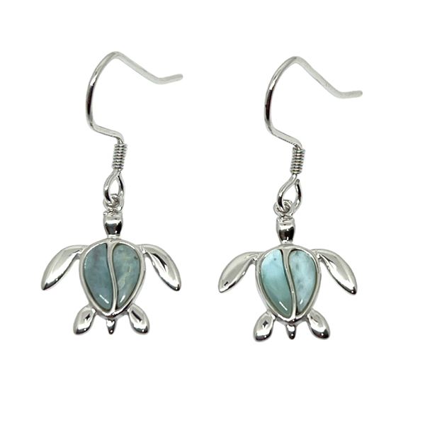 Sterling Silver Light Blue Larimar Stone Dangling Honu Fish Wire Earrings