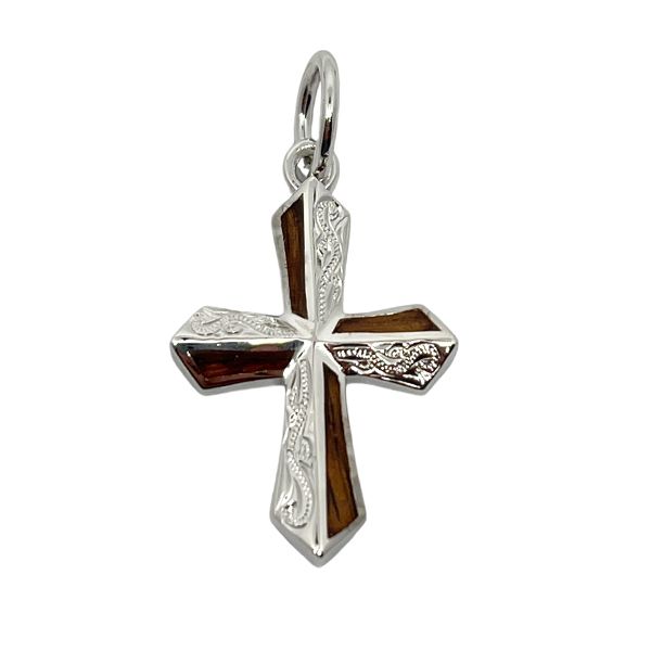 Sterling Silver Hawaiian Hand Carved Koa Wood Cross Pendant